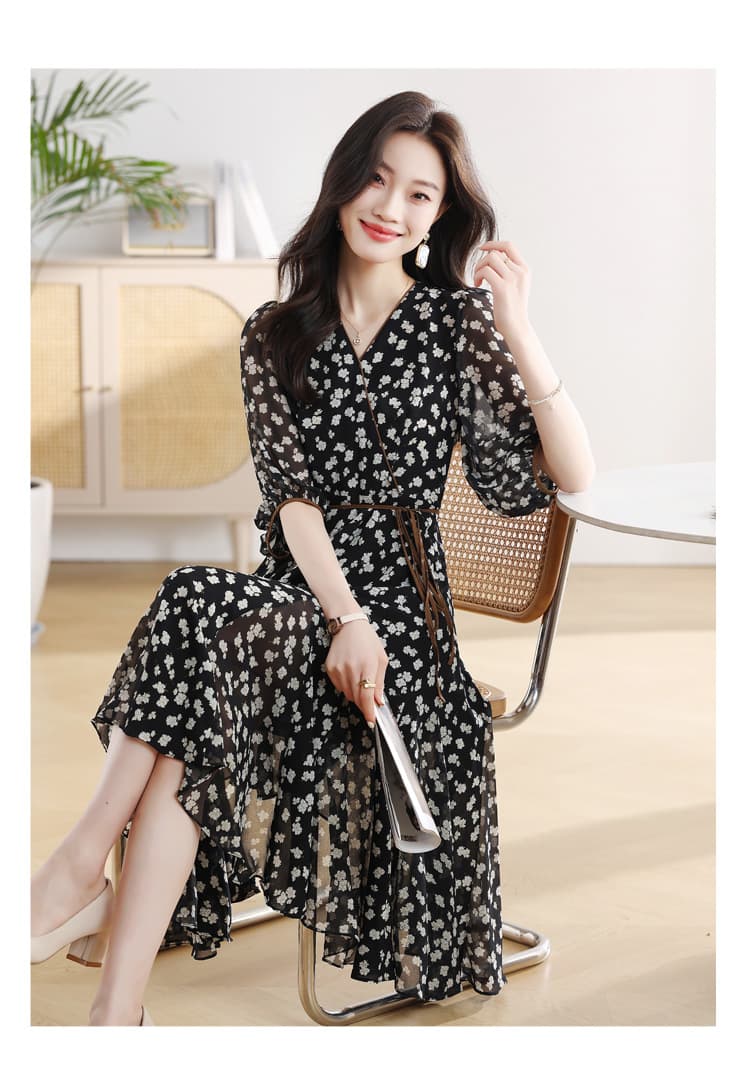 大人ワンピース ロング 花柄シアー素材パフスリーブ