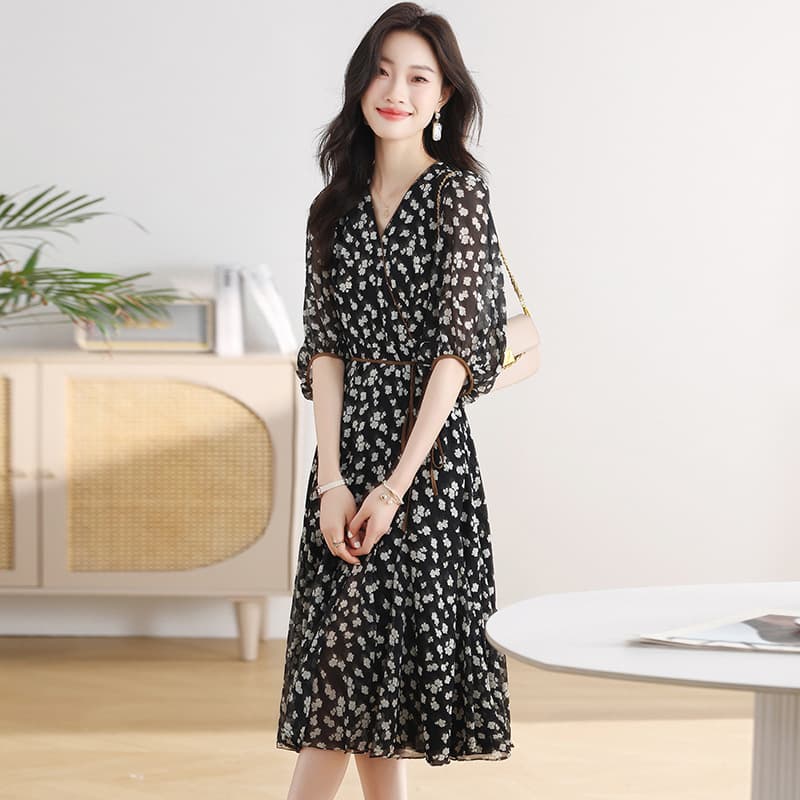 大人ワンピース ロング 花柄シアー素材パフスリーブ