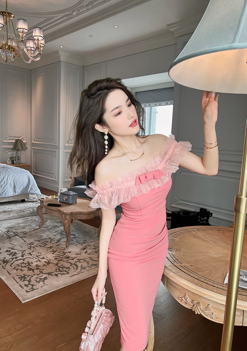 大人ワンピース ロング 優美なチュールフリルワンピース