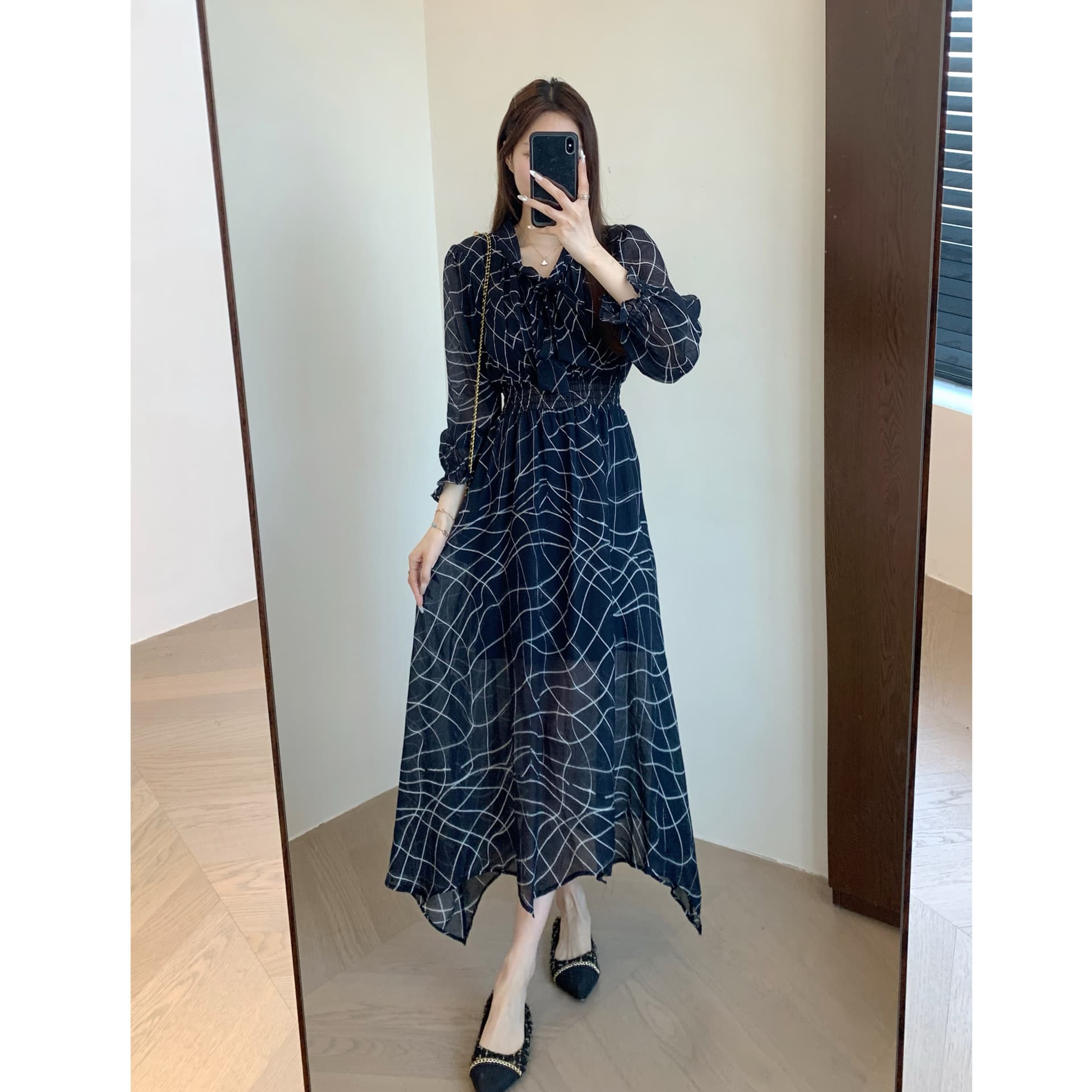 大人ワンピース ロング リボン飾り格子柄シフォンロングワンピース