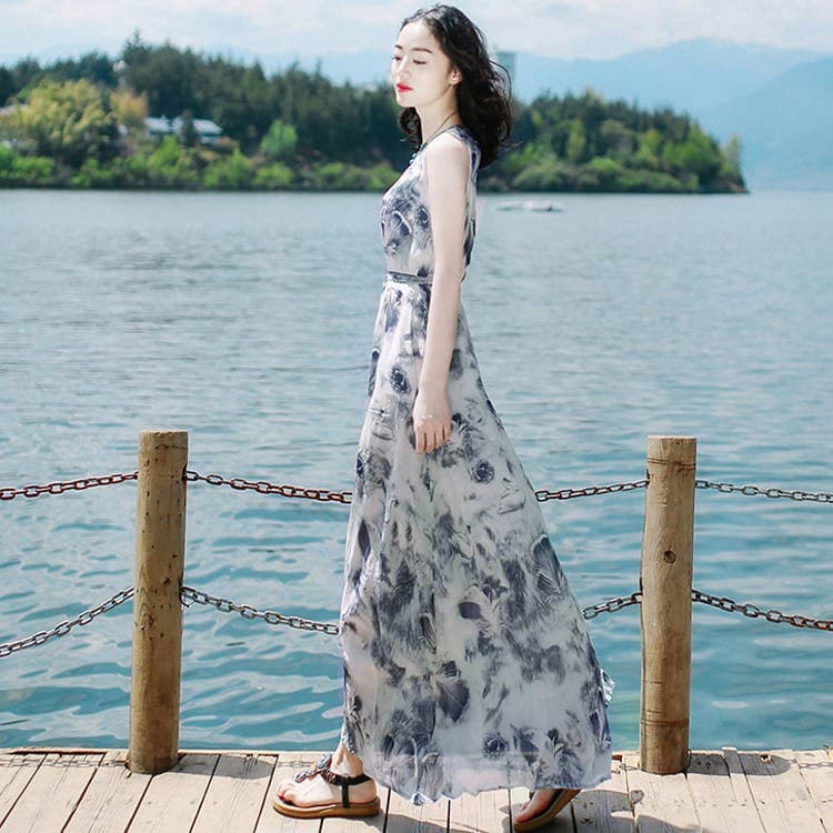 大人ワンピース ロング 優美な花模様 シフォンマキシワンピース