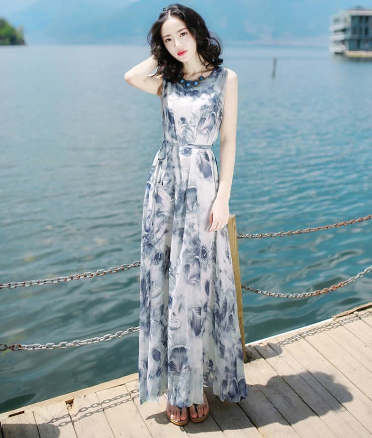 大人ワンピース ロング 優美な花模様 シフォンマキシワンピース
