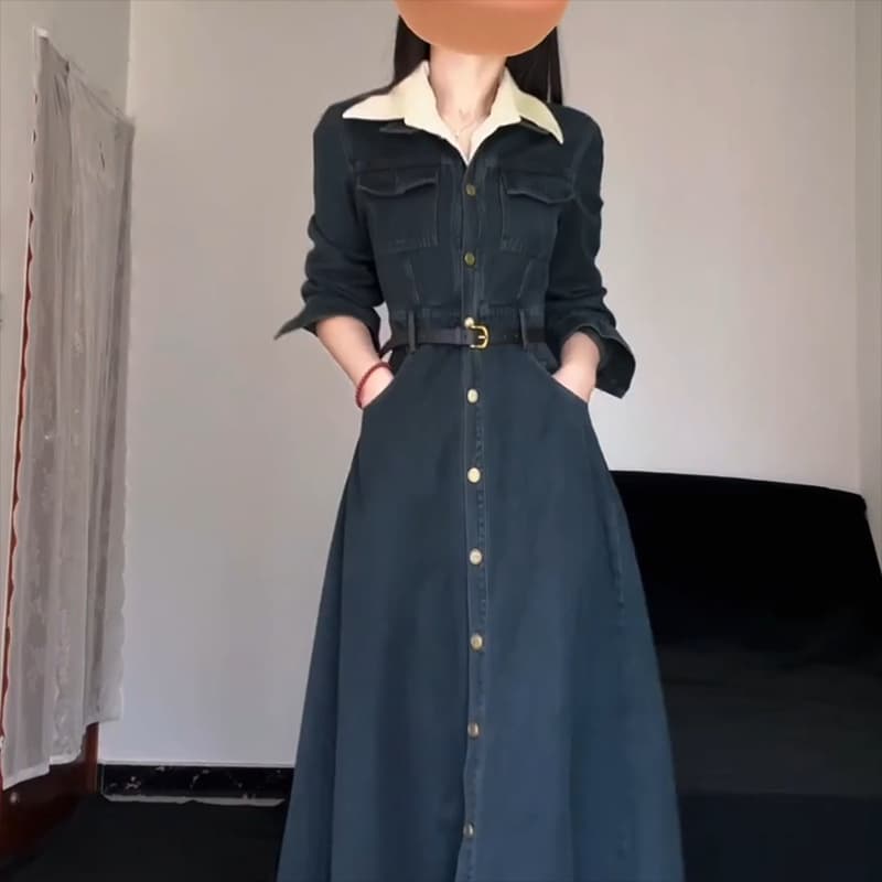 大人ワンピース ロング デニム調クラシカルフレアワンピース