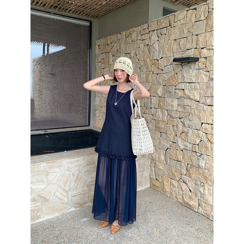 大人ワンピース ロング シフォン切替フリルロングワンピース