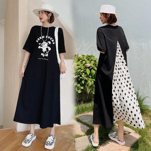 大人ワンピース ロング バックデザイン水玉切替ロングワンピース