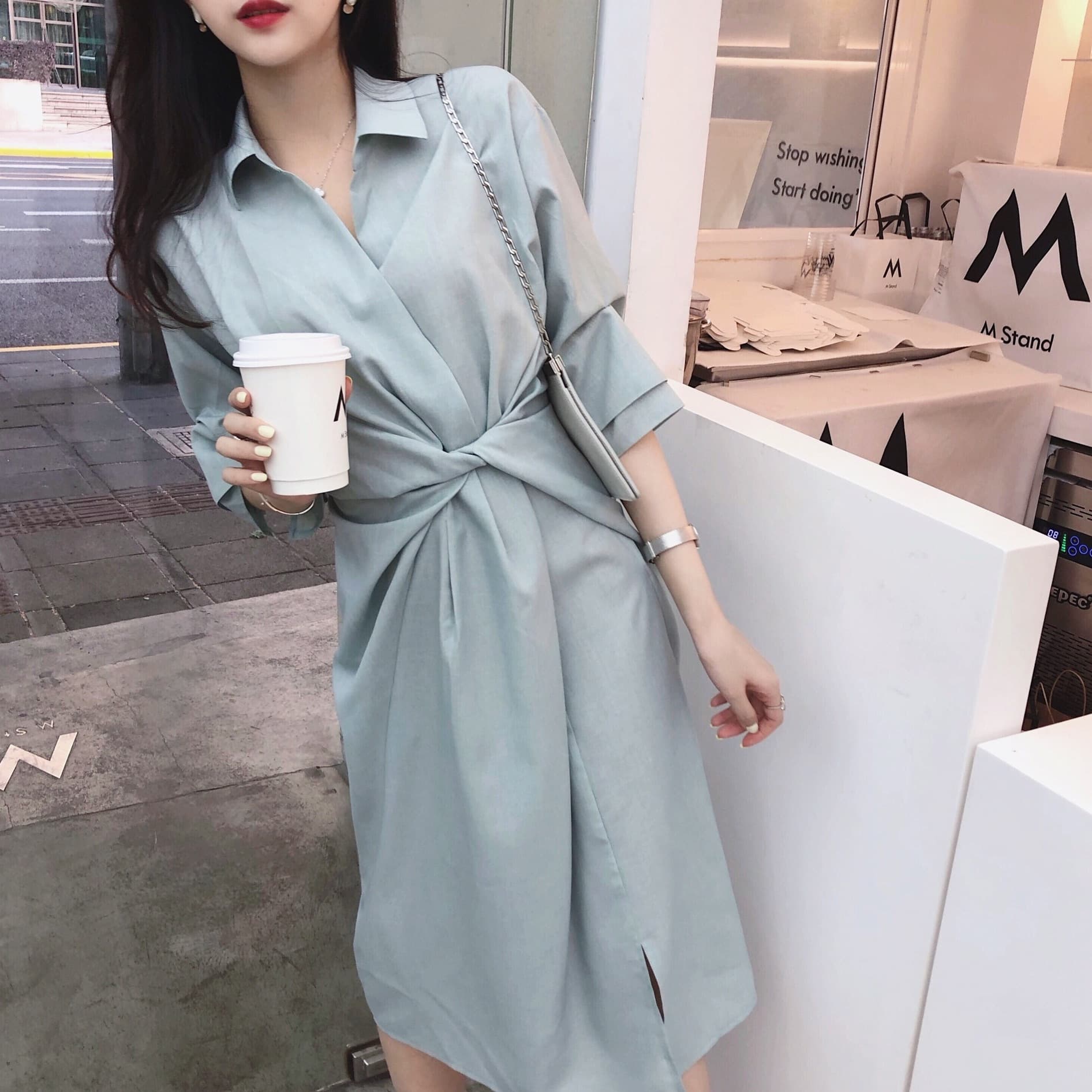 大人ワンピース ロング シャツ風ラップワンピース