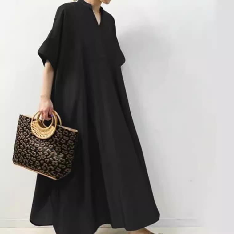 大人ワンピース ロング スキッパーネック ゆったりロングワンピース