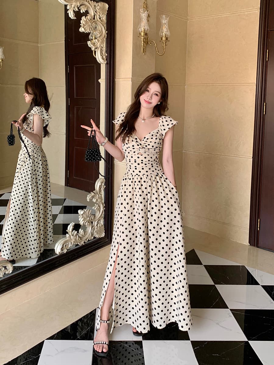 大人ワンピース ロング フリルドット柄ロングワンピース