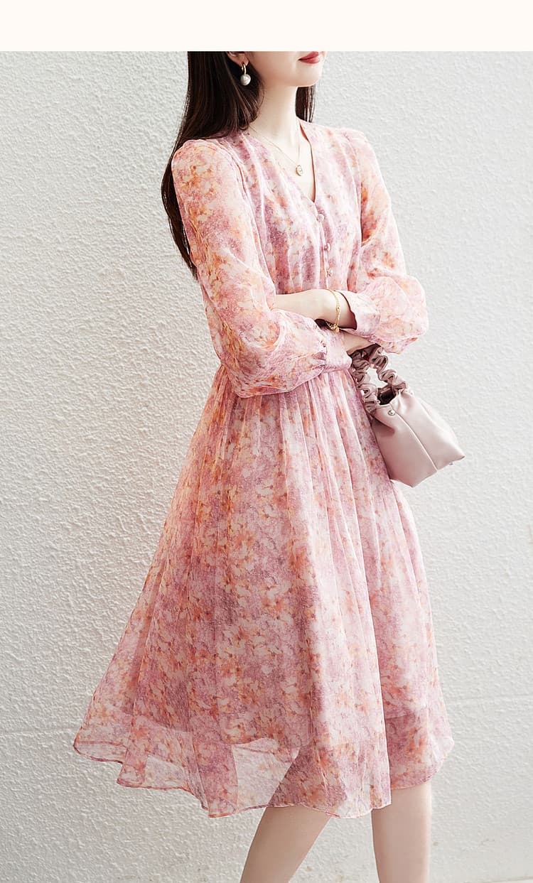 大人ワンピース ロング 花柄シフォンギャザーワンピース