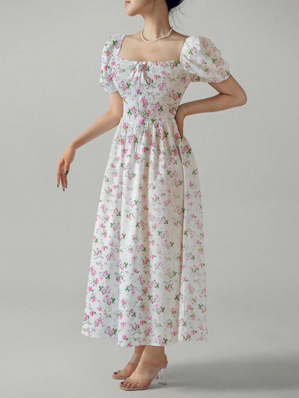 大人ワンピース ロング 花柄シャーリングワンピース