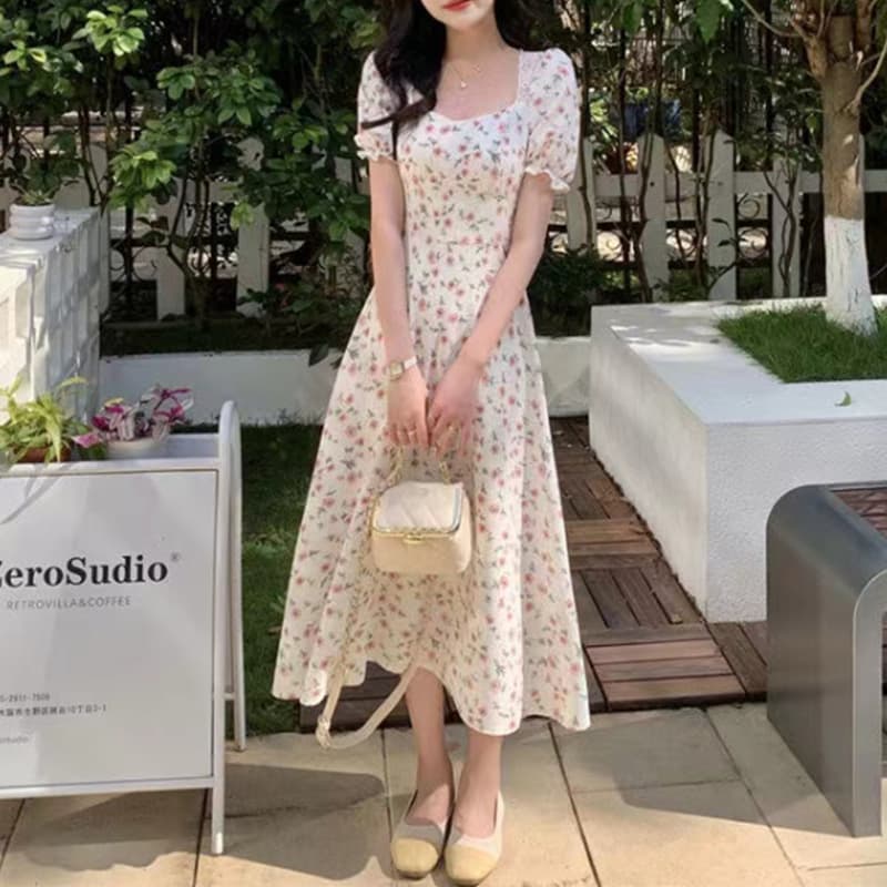 大人ワンピース ロング 上品華やかな花柄パフスリーブワンピース