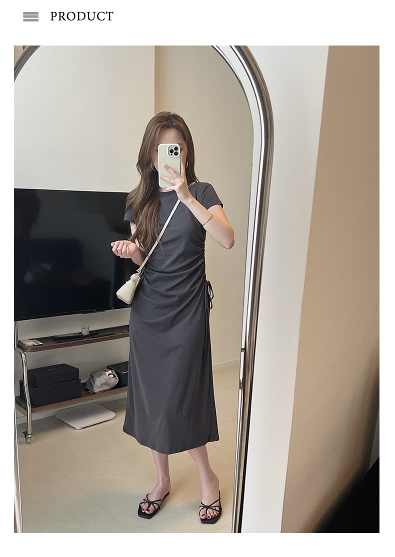 大人ワンピース ロング サイドギャザー ロングワンピース