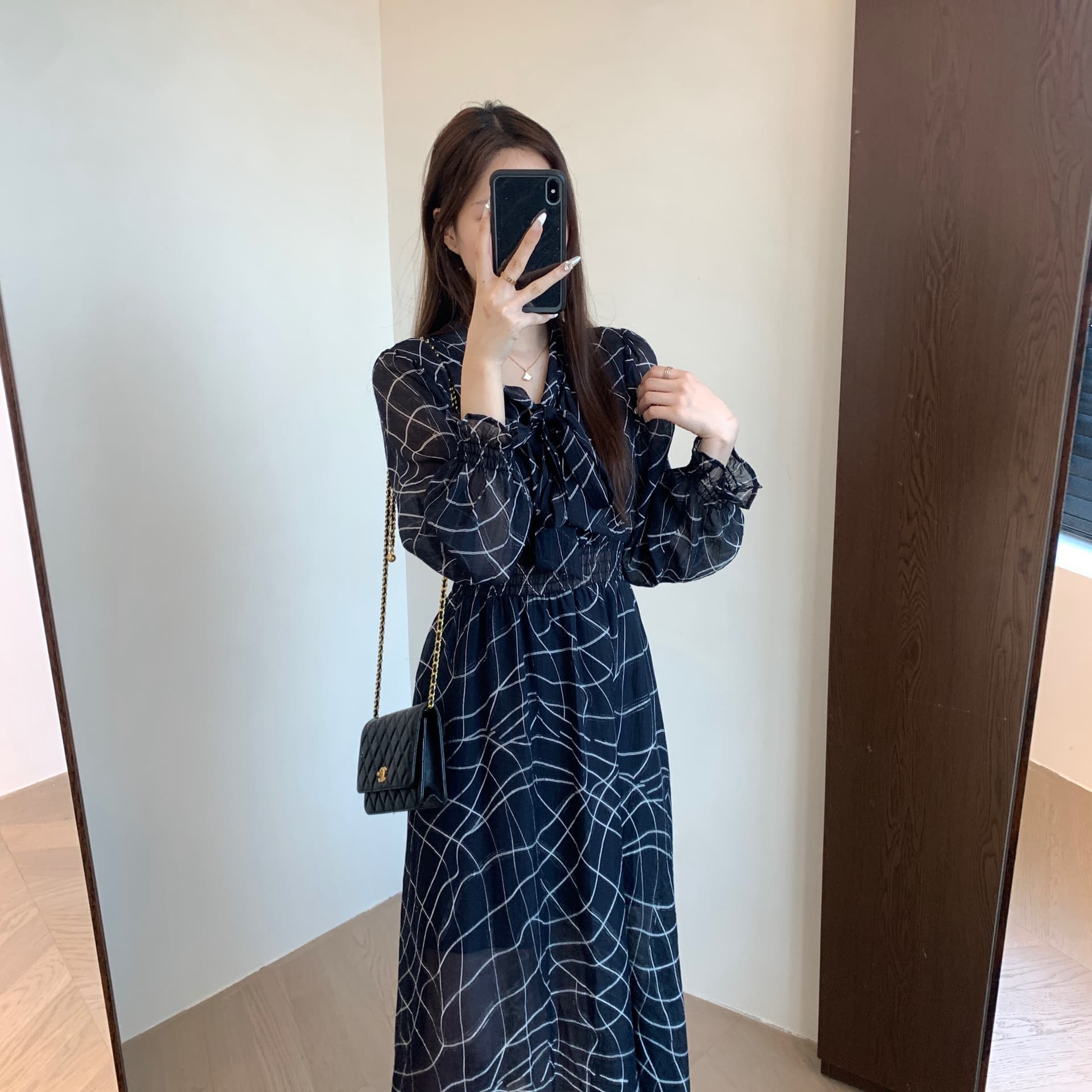 大人ワンピース ロング リボン飾り格子柄シフォンロングワンピース