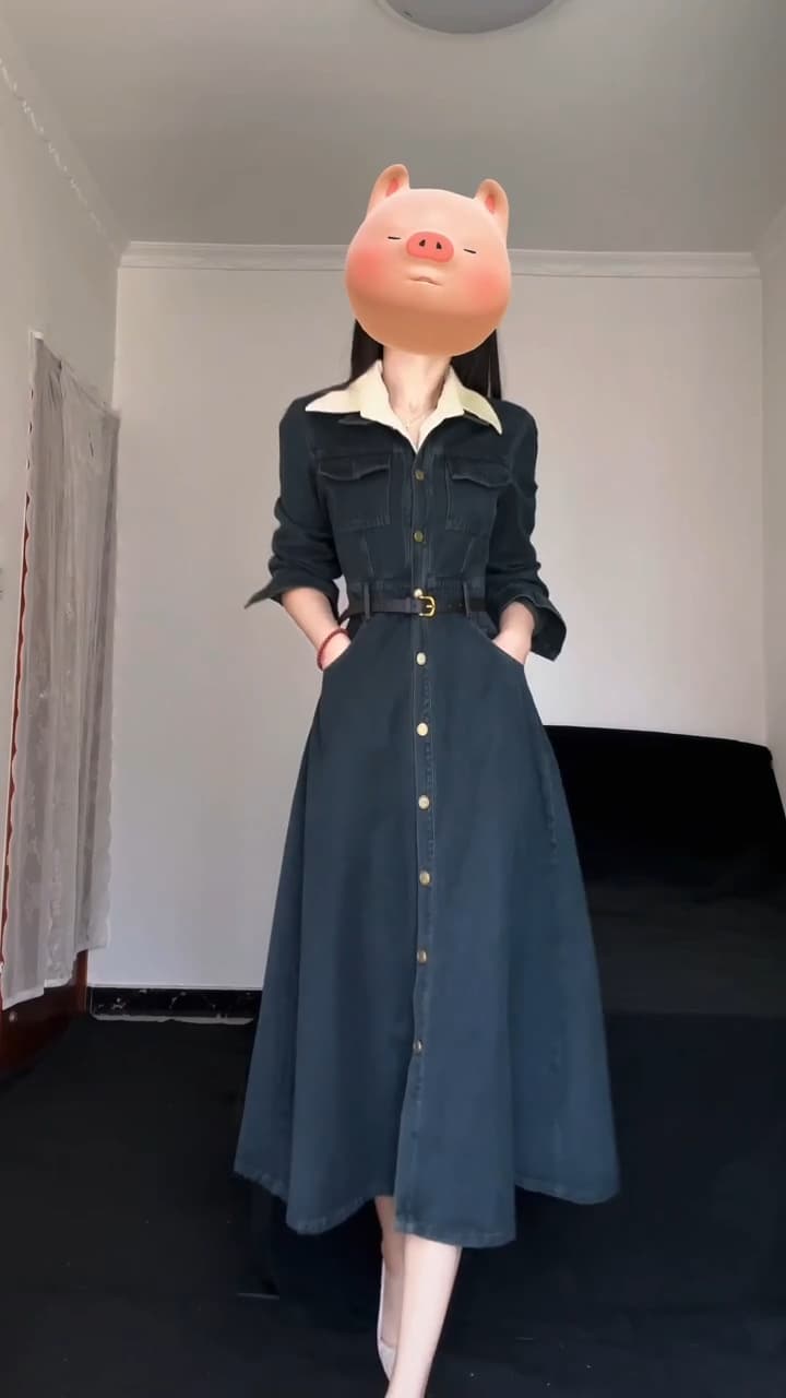 大人ワンピース ロング デニム調クラシカルフレアワンピース