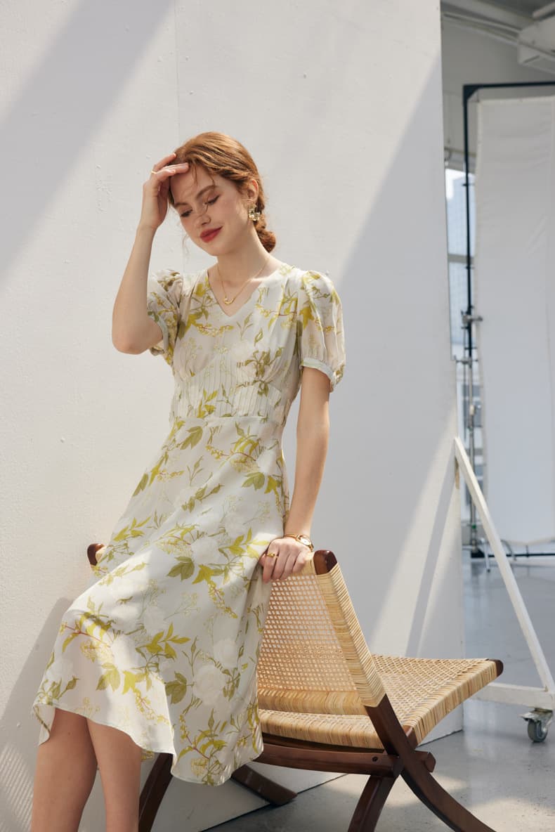 大人ワンピース ロング 優美な花柄プリント大人ガーリーワンピース