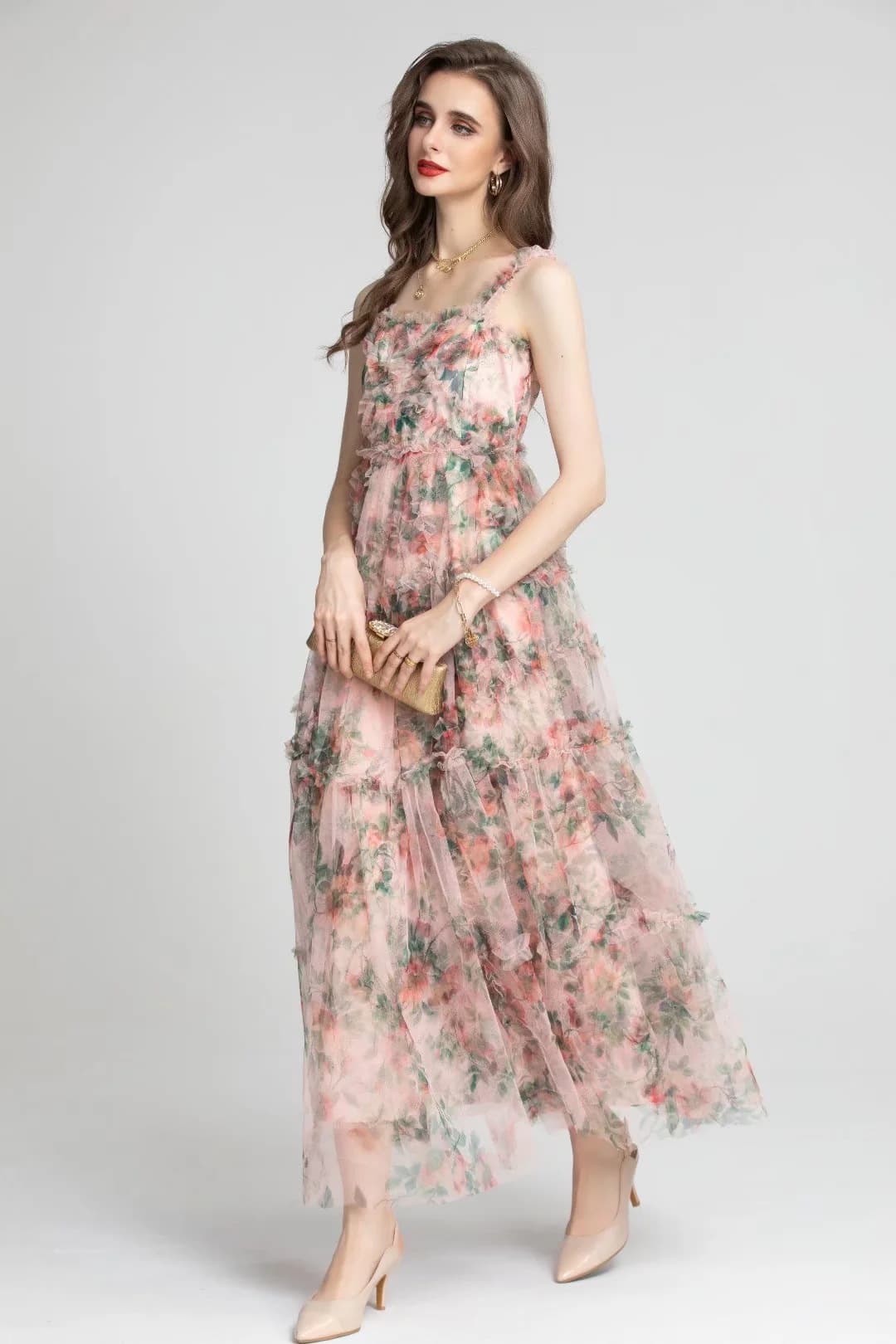 大人ワンピース ロング 花柄チュールロングドレス