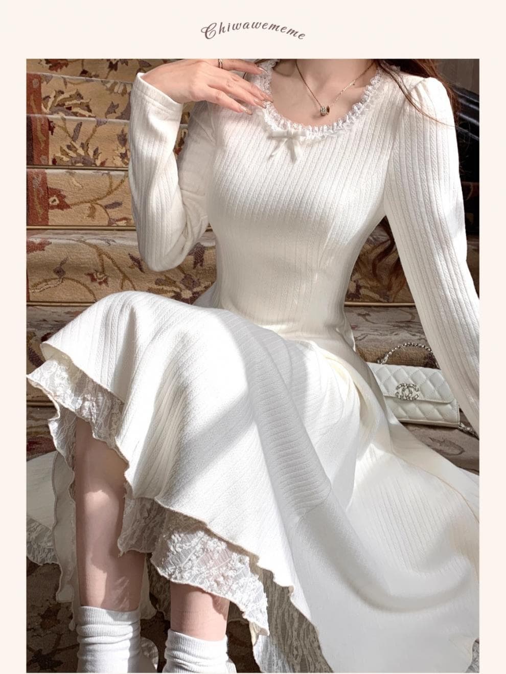 大人ワンピース ロング 優雅なプリーツニットワンピース