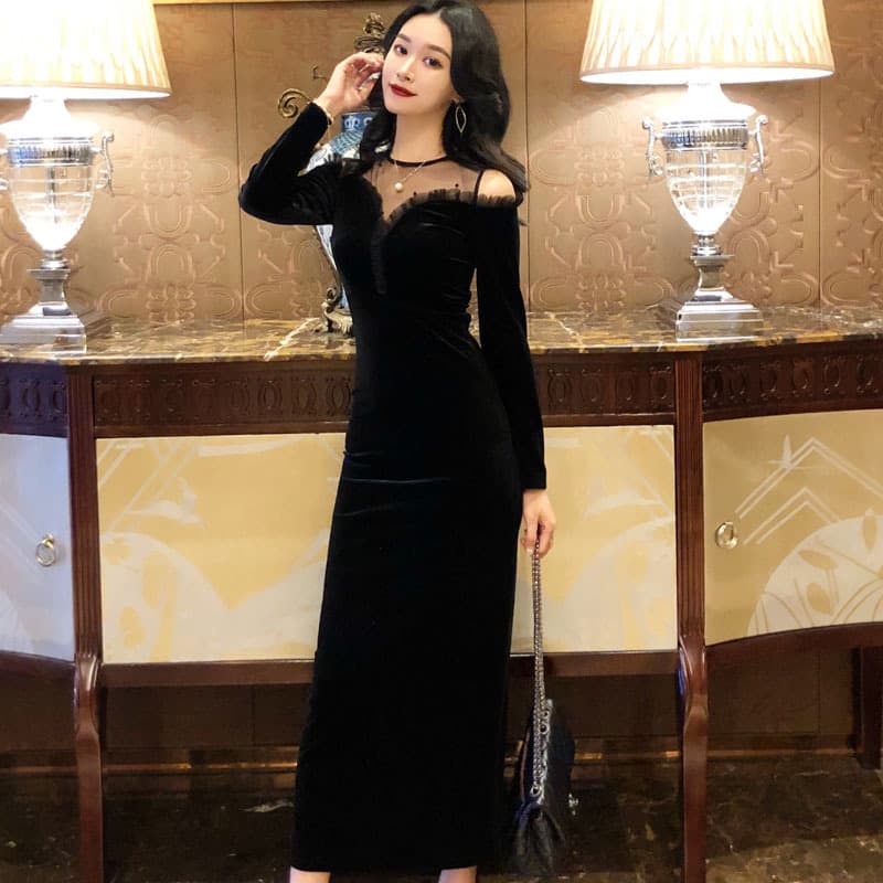 大人ワンピース ロング 優美チュール シースルー ベルベットワンピース
