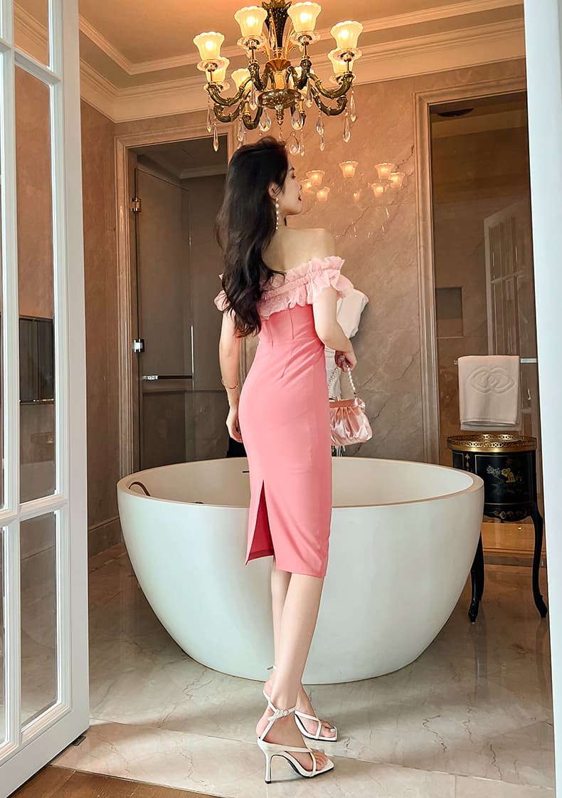 大人ワンピース ロング 優美なチュールフリルワンピース