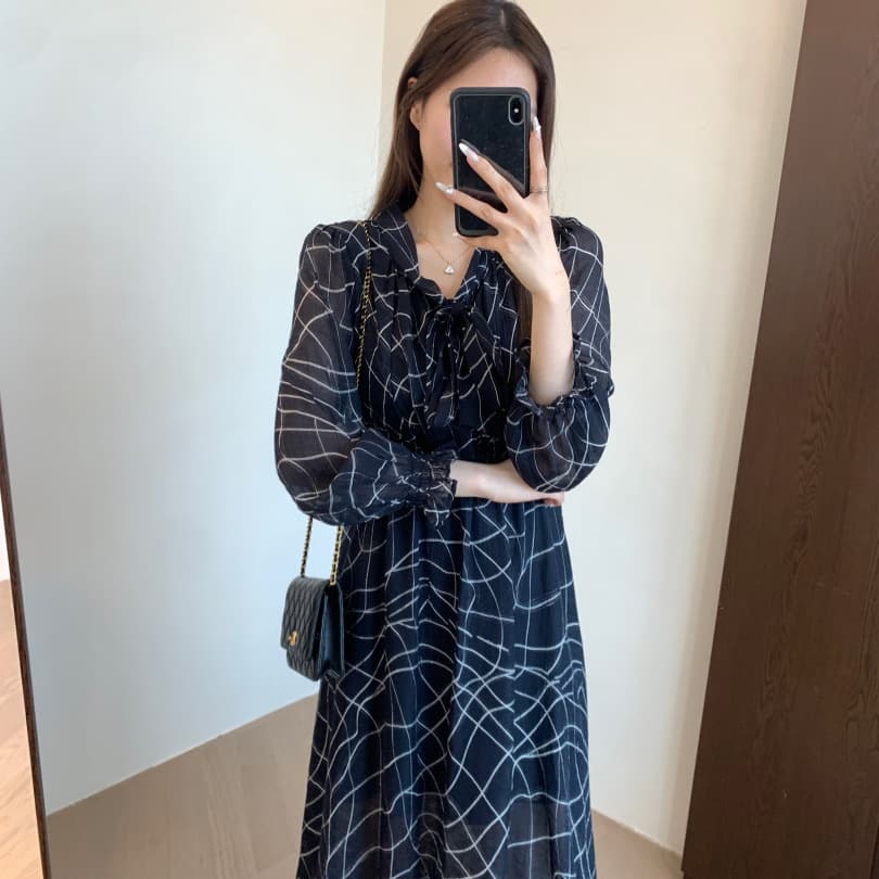 大人ワンピース ロング リボン飾り格子柄シフォンロングワンピース