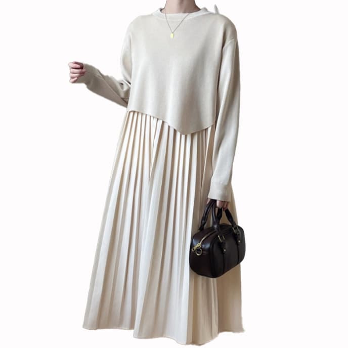 大人ワンピース プリーツ異素材セットアップロングワンピース
