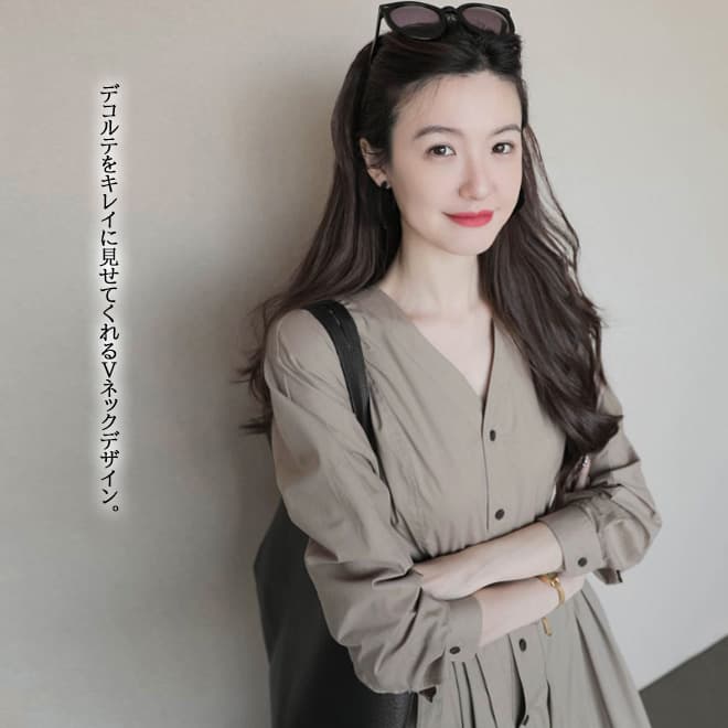大人ワンピース きれいめ長袖ワンピース ロング丈 ブイネック ウエストリボン グレージュ