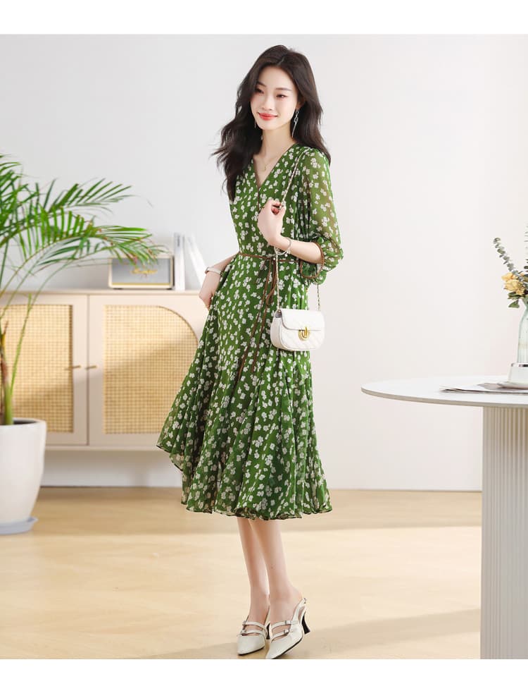 大人ワンピース ロング 花柄シアー素材パフスリーブ
