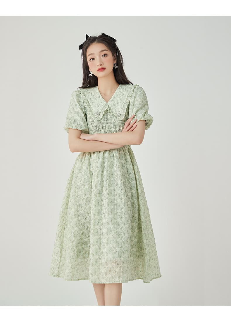 大人ワンピース ロング 優美な襟付きティアードロング丈ワンピース