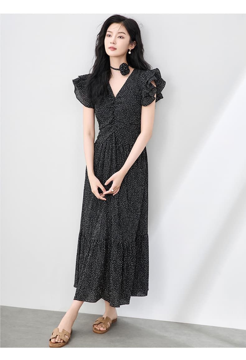 大人ワンピース ロング フリルスリーブロングワンピース