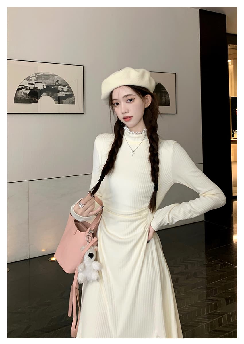 大人ワンピース ロング レース切替フレアワンピース