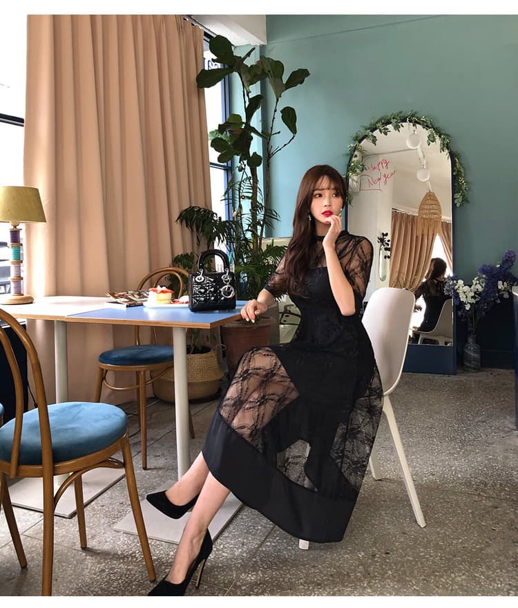 大人ワンピース ロング レース切替シアー素材ワンピース