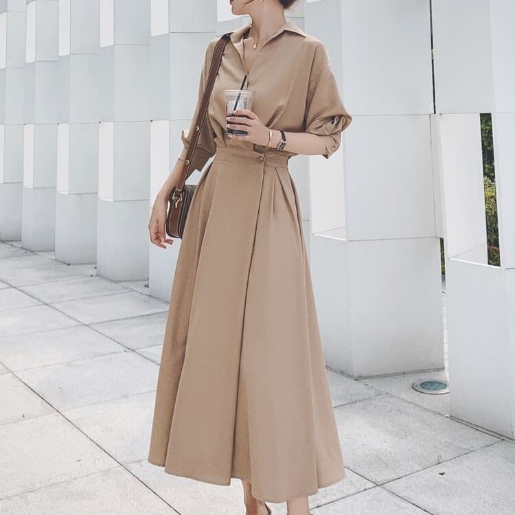 大人ワンピース ロング 上品シルエットシャツロングワンピース