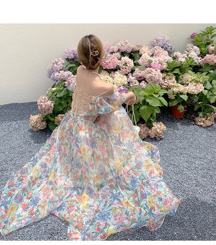 大人ワンピース ロング 花柄シアーギャザーワンピース