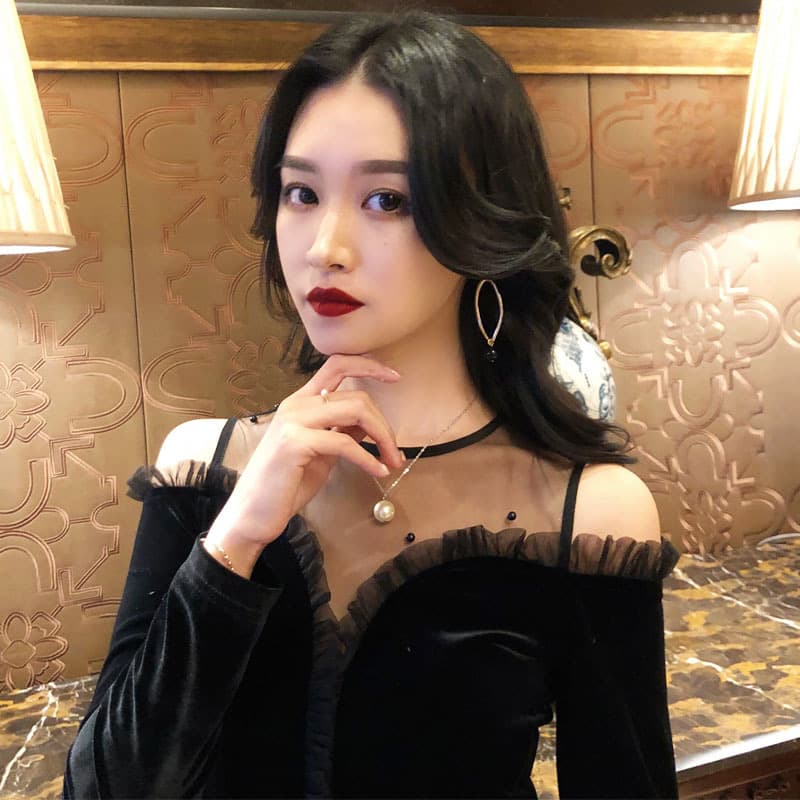 大人ワンピース ロング 優美チュール シースルー ベルベットワンピース