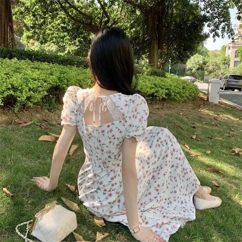 大人ワンピース ロング 上品華やかな花柄パフスリーブワンピース