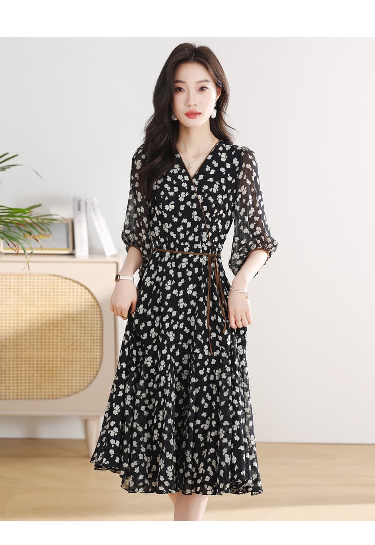 大人ワンピース ロング 花柄シアー素材パフスリーブ
