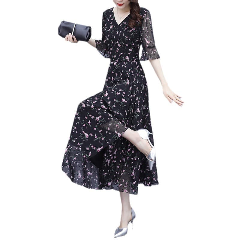 大人ワンピース ロング 七分袖シフォンフレアワンピース