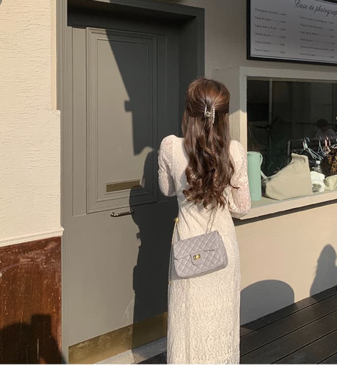 大人ワンピース ロング 優美なレース襟付きワンピース