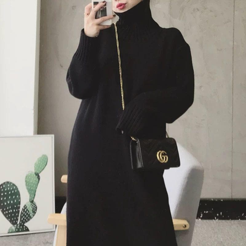 大人ワンピース ロング ゆったりタートルニットワンピース