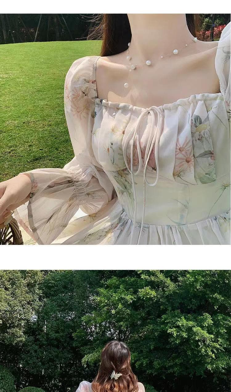大人ワンピース ロング 優美な花柄パフスリーブワンピース