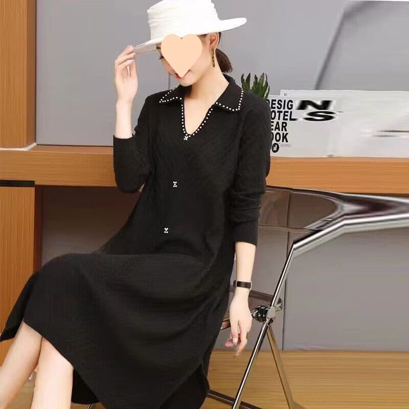 大人ワンピース ロング ゆったり着やすい スリット入りニットワンピース