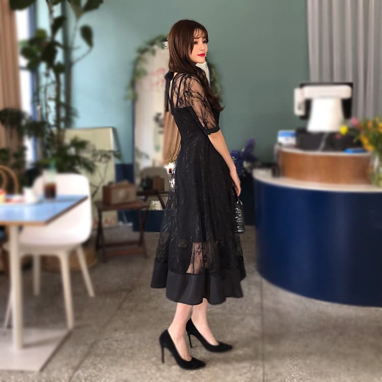 大人ワンピース ロング レース切替シアー素材ワンピース