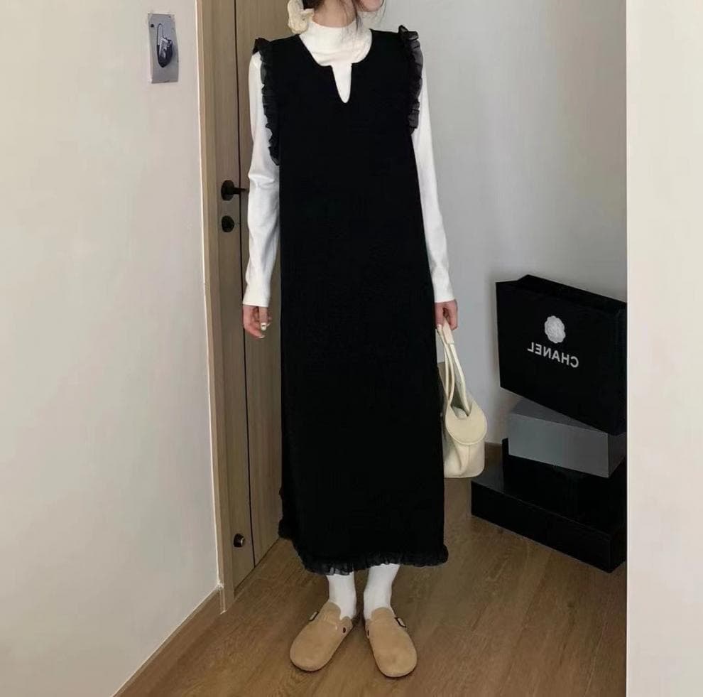大人ワンピース フリル袖ジャンパースカート ロング丈 重ね着風ワンピース