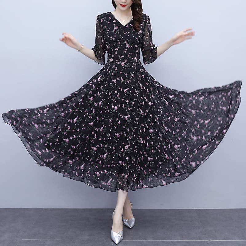 大人ワンピース ロング 七分袖シフォンフレアワンピース