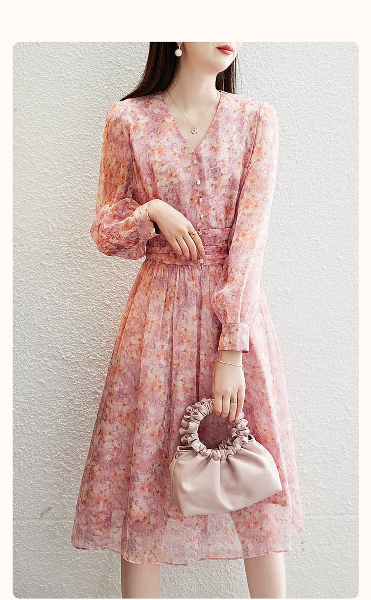 大人ワンピース ロング 花柄シフォンギャザーワンピース