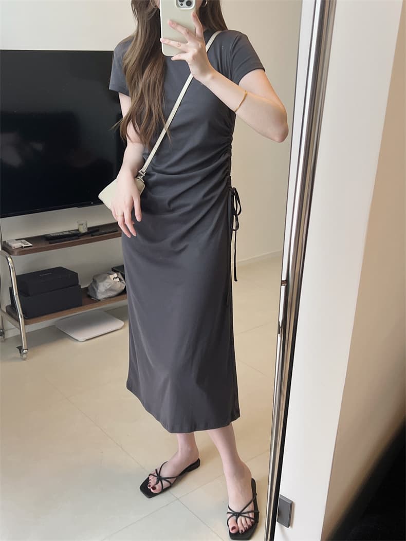 大人ワンピース ロング サイドギャザー ロングワンピース