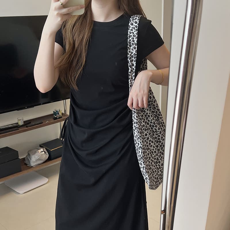 大人ワンピース ロング サイドギャザー ロングワンピース