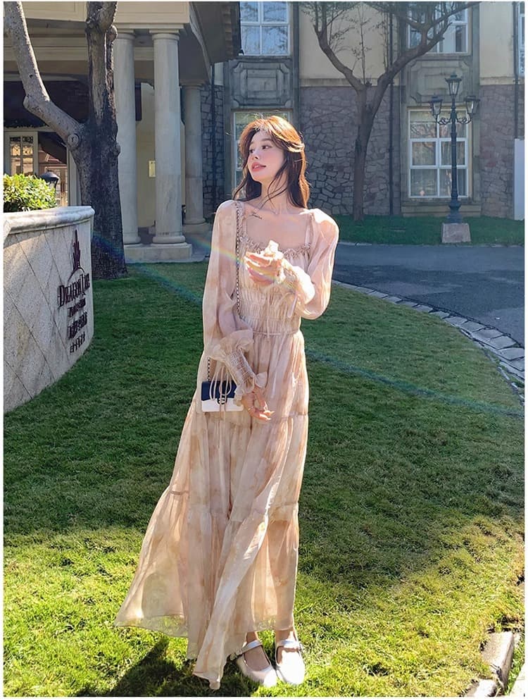 大人ワンピース ロング 優美な花柄ティアードワンピース