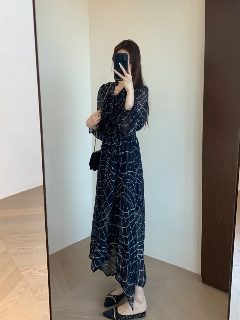 大人ワンピース ロング リボン飾り格子柄シフォンロングワンピース