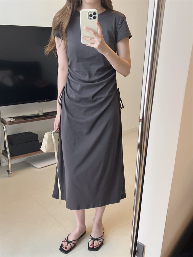 大人ワンピース ロング サイドギャザー ロングワンピース